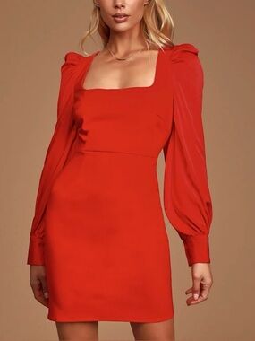 Lulu's Longtime Crush Red Puff Shoulder Long Sleeve Mini Dress Size Small